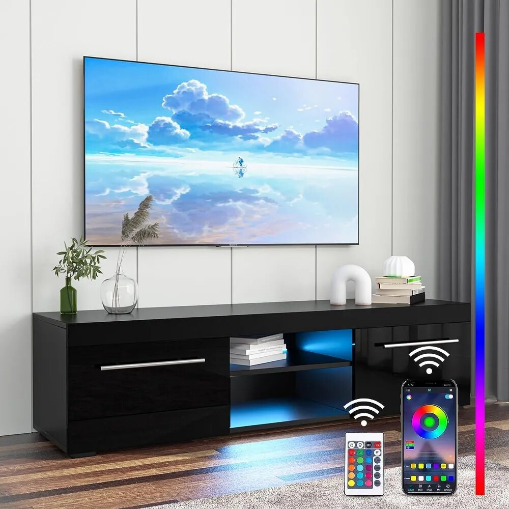 TV Stand for 59 Inch TVs Modern Black TV Entertainment Center with LED Lights TV Console Table