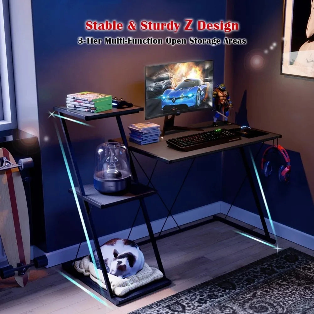 51'' Gaming Desk With 3-Tier Open Shelf Come With Headset Hook in Black Reading Desk Accessories Office Computer Desks Table