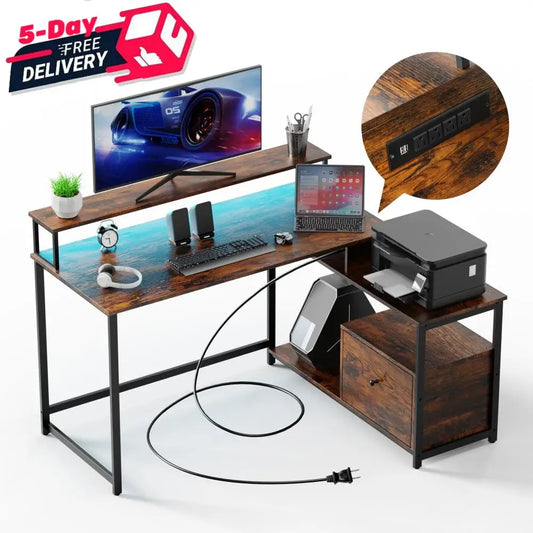 Home Office Computer Desk With LED Strip Power Outlet
